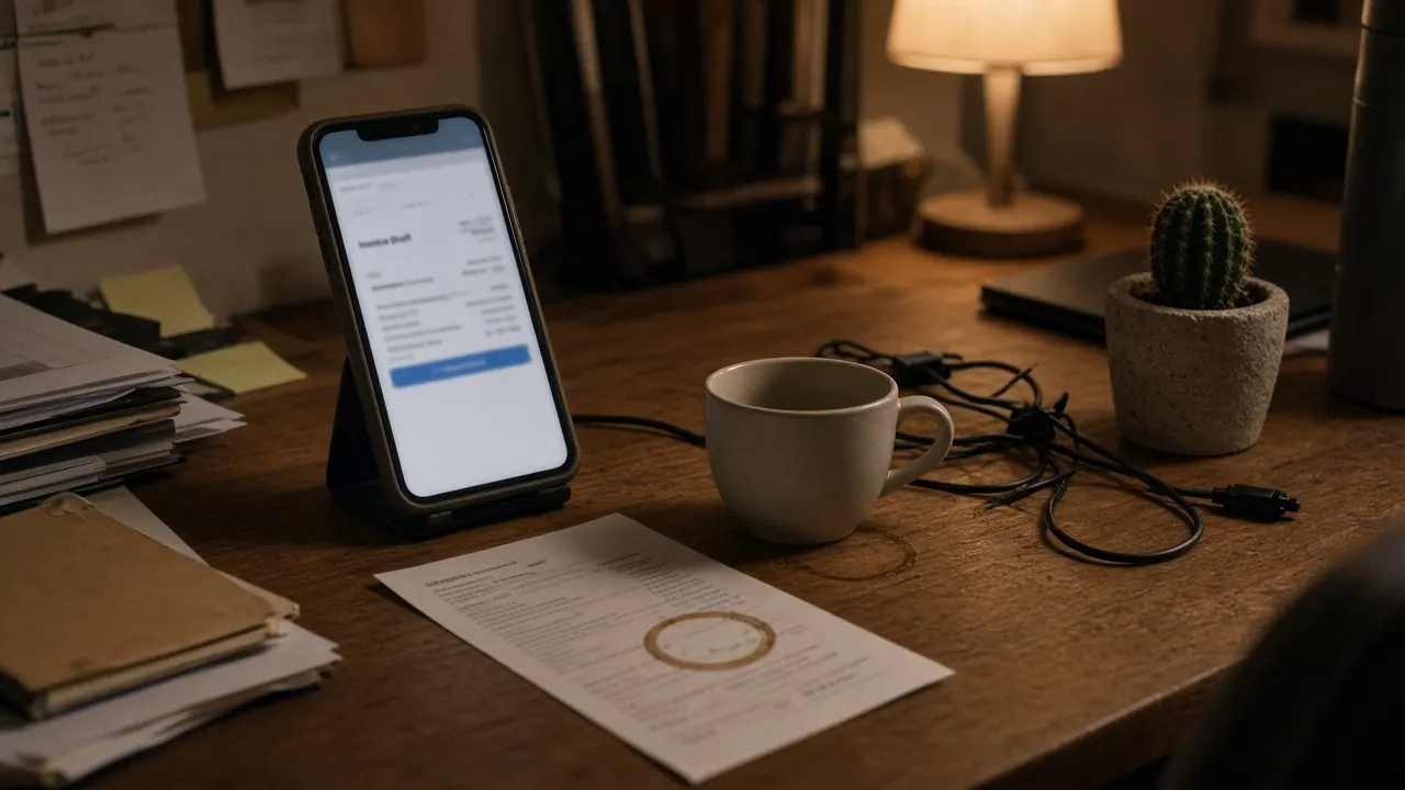 Scrivania con smartphone e ricevuta: scegliere un’app per fatture adatta allo studio di psicologia