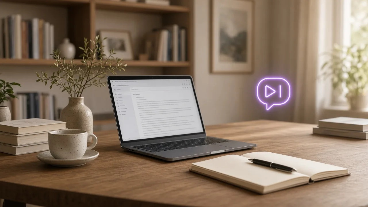 Scrivania di studio con laptop e appunti: supporto AI per testi operativi