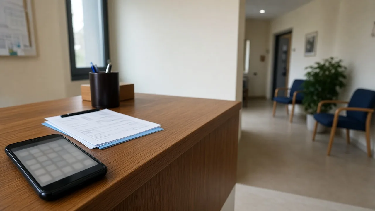 Angolo reception di uno studio di psicologia con appunti appuntamenti e telefono: organizzare le sedute legate al bonus psicologo