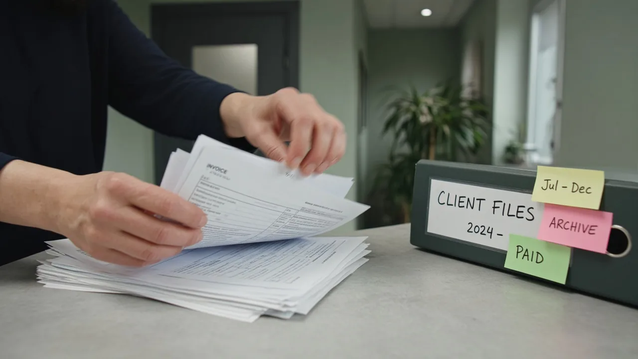 Mani che ordinano fatture e documenti su un bancone di studio psicologico