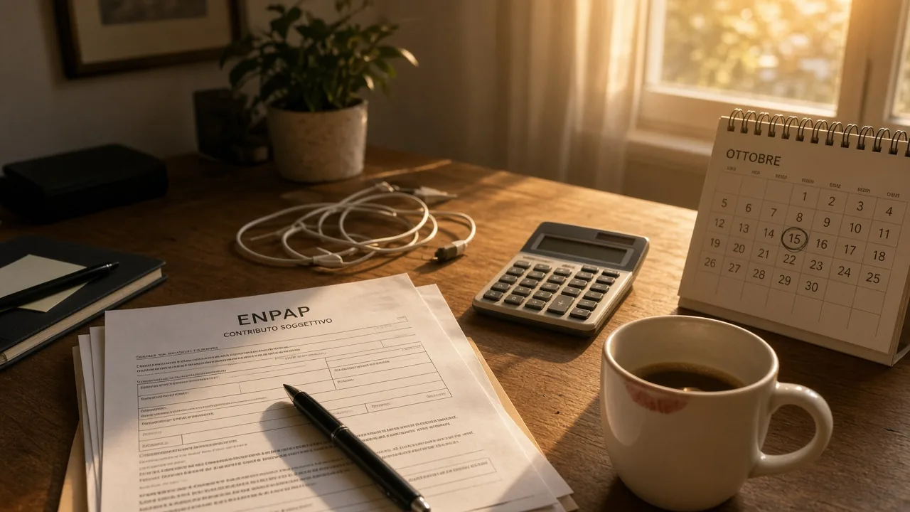 Scrivania con documenti di scadenze contributive, calcolatrice e caffè — home office psicologo