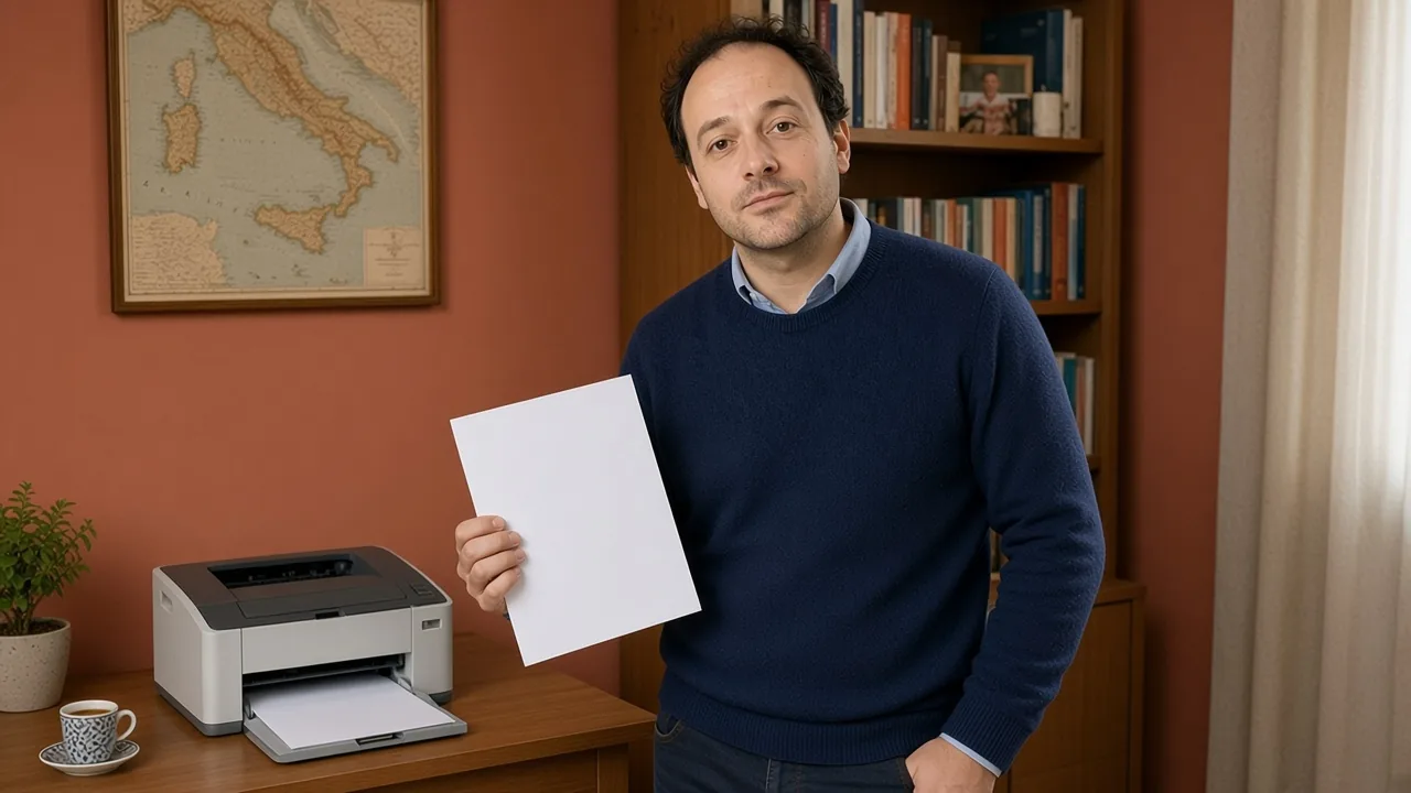 Psicologo vicino alla stampante con foglio appena stampato: consegna fattura tradizionale