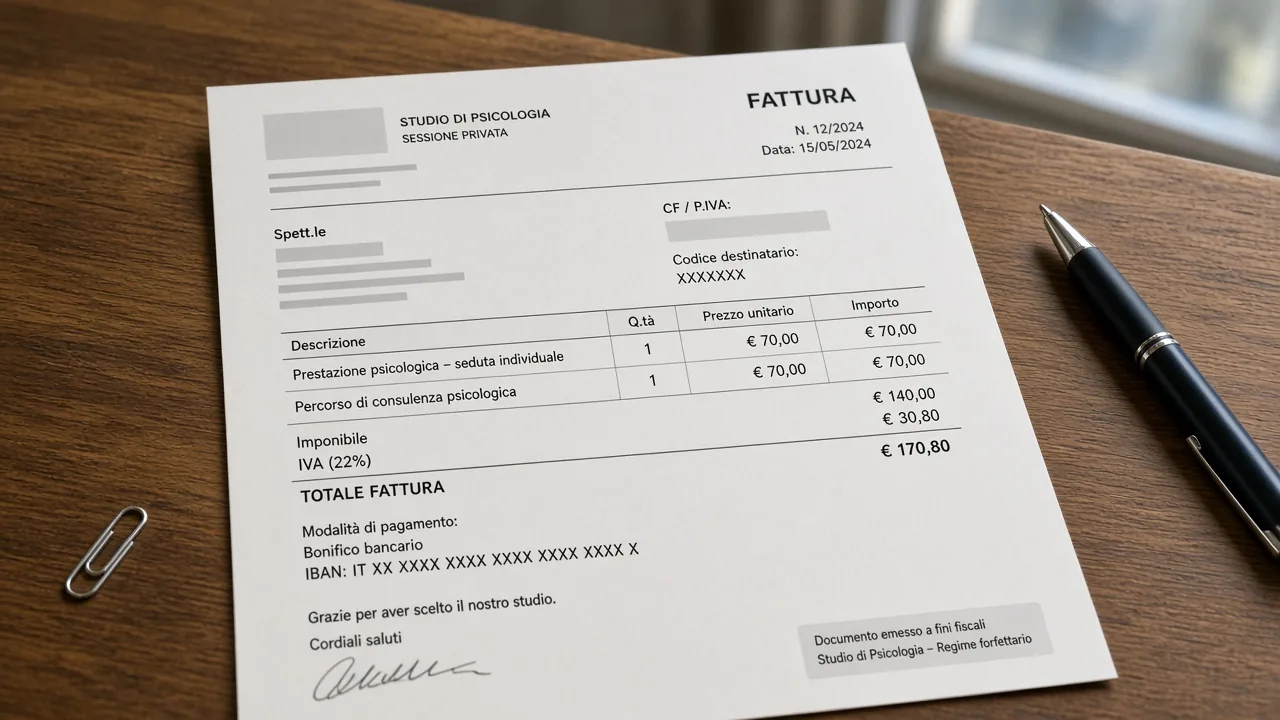 Fattura stampata sulla scrivania di uno studio di psicologia: esempio di documento tradizionale