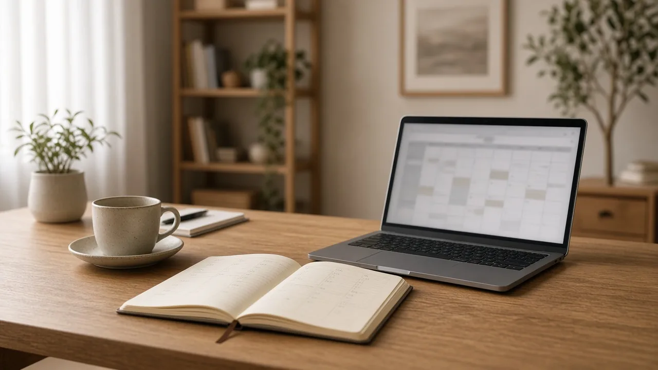 Scrivania di studio con agenda e laptop: partire da un gestionale gratis