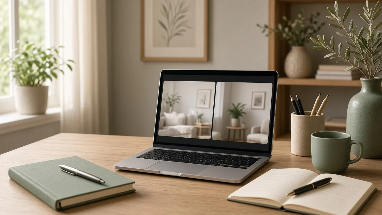 Organizzazione delle sedute online nello studio psicologico: laptop, note e agenda in ordine