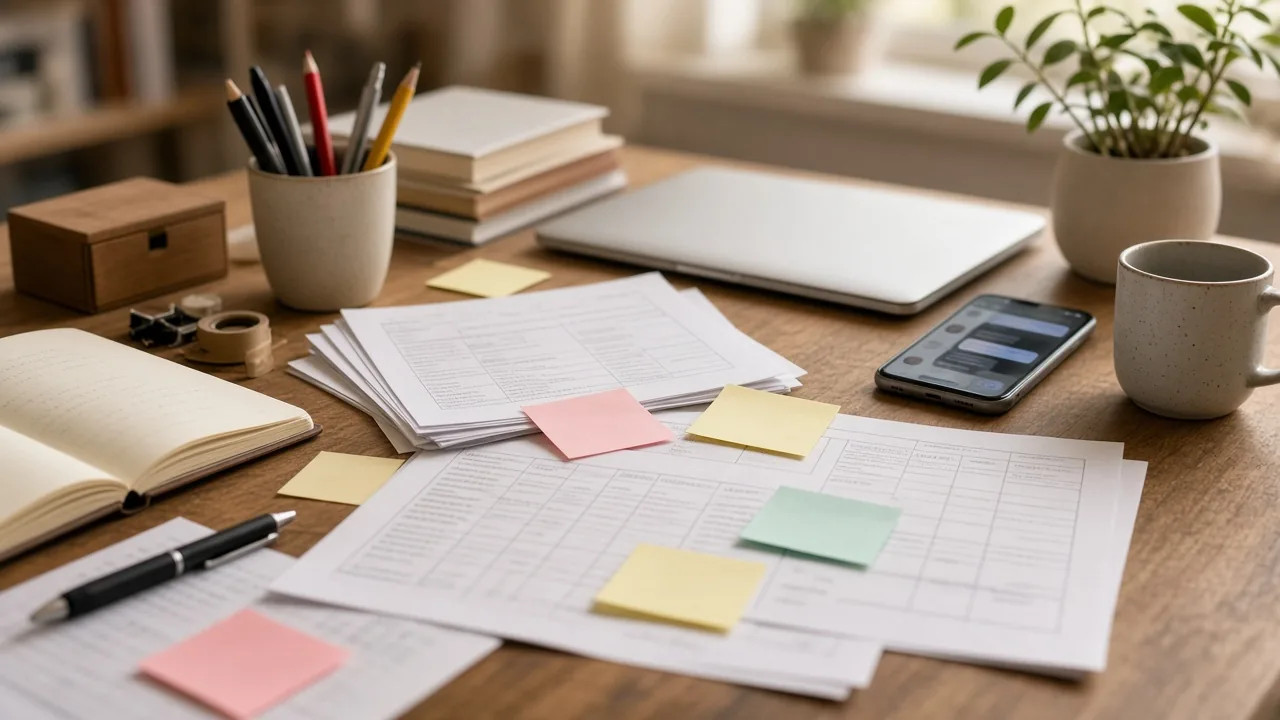 Scrivania con fogli, chat e note sparse: strumenti fai-da-te dello studio