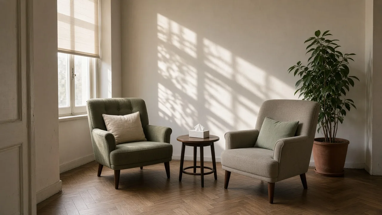 Stanza di colloquio vuota con due poltrone e luce naturale
