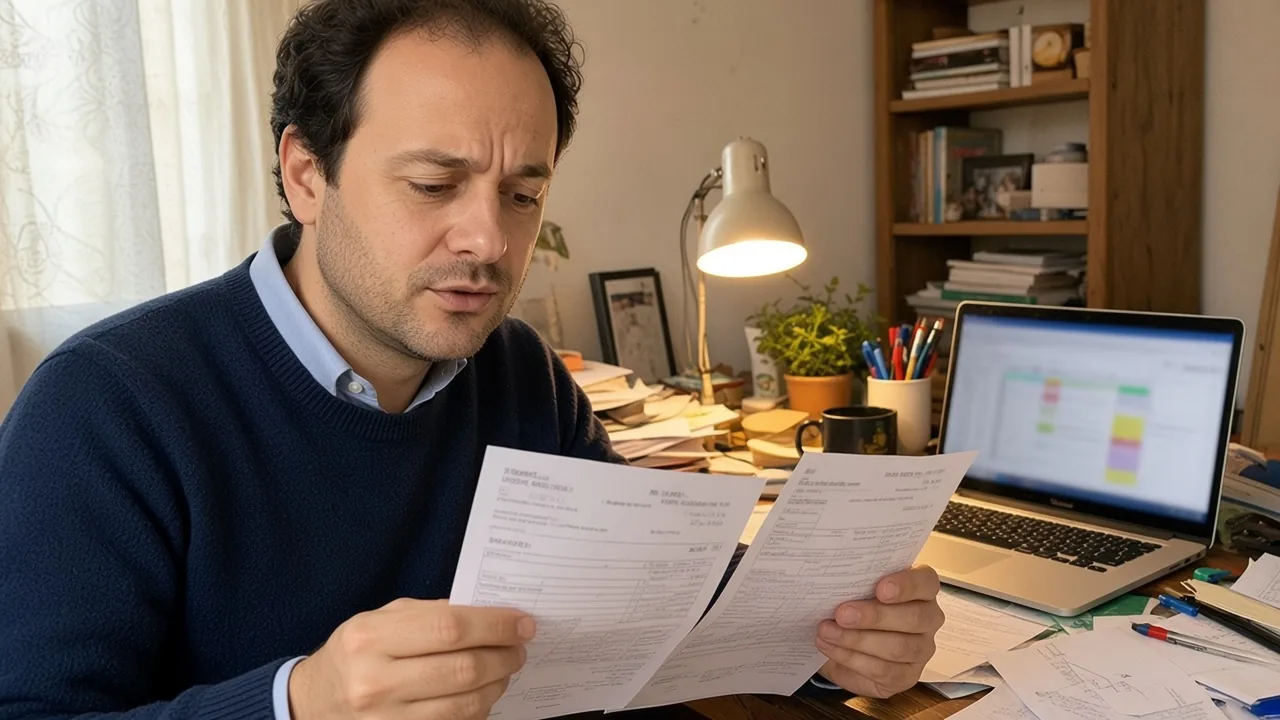 Gestore dello studio confronta due fatture al computer in home-office